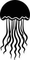 Simple, black and white silhouette of a jellyfish with a rounded dome and flowing tentacles vector