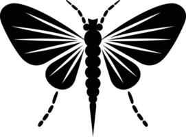 A simple, stylized black silhouette of a moth with detailed wings and segmented body vector