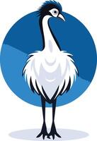 A simple and stylized illustration of a crane bird with blue and white feathers, standing on a blue circular background vector