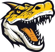 A fierce, cartoon style dinosaur head with a wide open mouth and sharp teeth vector