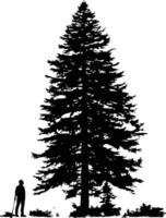 A solitary figure stands small against the majestic silhouette of a towering pine tree vector