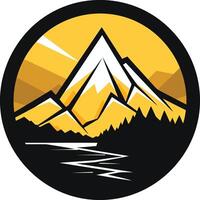 A bold and modern mountain logo featuring a stylized mountain range with a river in the foreground vector