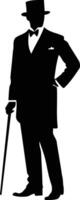 Silhouette of a gentleman in a top hat and suit, holding a walking stick vector