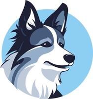 A friendly cartoon border collie logo design featuring a dog with a black and white coat, blue eyes, and a happy expression vector