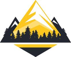 A bold and modern mountain logo design featuring a stylized mountain range with a yellow sunrise over a line of pine trees vector