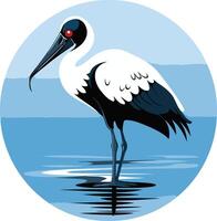 A striking illustration of a black necked stork standing in shallow water, with its red eye contrasting against the blue background vector