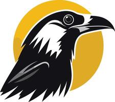 Bold element illustration of a black raven with a white stripe against a bright yellow sun vector
