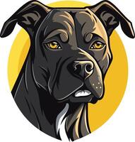 A fierce and powerful black pit bull stares directly at the viewer, head tilted slightly vector
