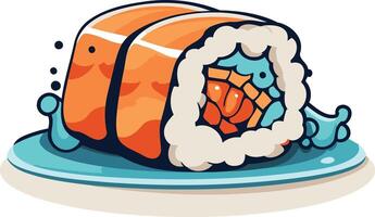 A cartoon sushi roll with visible salmon filling, resting on a blue plate vector