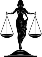 A striking silhouette of lady justice, the symbol of law and justice, holding scales in a powerful pose vector