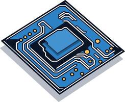 Isometric illustration of a computer chip with blue circuit board and a central processor vector