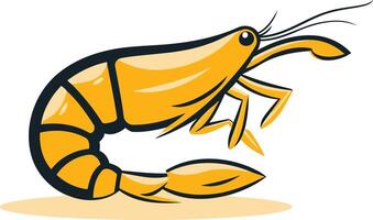 A simple, stylized illustration of a shrimp with a bold yellow color and black outline vector