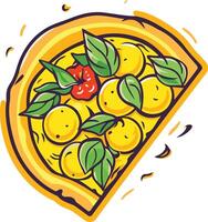 A colorful and cartoonish illustration of a pizza slice with a red raspberry, basil leaves and cheese vector
