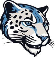 A bold and striking illustration of a snow leopard's face, featuring a detailed portrait with blue accents and sharp features vector