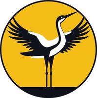 A minimalist illustration of a crane with outstretched wings, set against a vibrant yellow circle vector