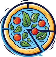 A cartoon pizza with a blue background, topped with green basil and red tomatoes vector