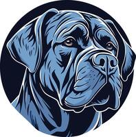 A powerful and striking illustration of a bulldog's head, rendered in bold blue tones against a dark background vector