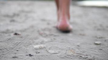 A close-up of legs moving gracefully along a beach covered in small pebbles, with water gently lapping at them The legs step carefully, each stride creating a rhythmic dance between pebbles and water. video