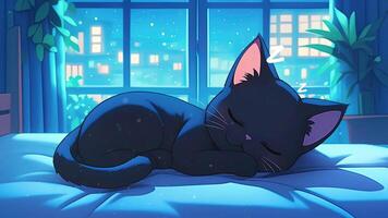 A cute black cat sleeping on a bed with a city view. Loop animation video