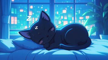 uma fofa Preto gato dormindo em uma cama com uma cidade visualizar. ciclo animação video