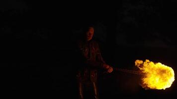 Mysterious Man Performing Tricks With Fire In Darkness, Slow Motion, Masculinity And Power video