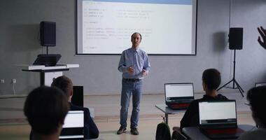 Young School Students Learning In Computer Science Classes, Middle-Aged Teacher Speaking In Class video