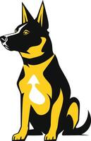 A bold, stylized silhouette of a german shepherd dog sitting with a yellow and white arrow on its chest vector