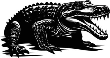 A bold, black and white silhouette of an alligator with its mouth open, showcasing sharp teeth vector