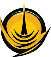 A bold and dynamic logo design featuring a black spire piercing a yellow sun within a black circular frame vector