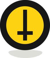 A minimalist, bold, black inverted cross logo design on a yellow circle, enclosed by a thick black ring, perfect for clothing, branding, and website design vector