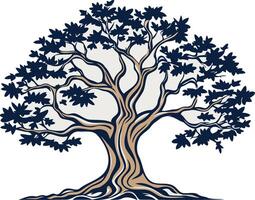 A stylized illustration of a large oak tree with a strong, rooted trunk and wide spreading branches, perfect for representing growth, strength, and resilience vector