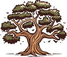 A charming cartoon illustration of a large, gnarled tree with intricate branches and lush foliage vector