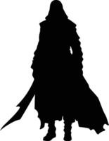 A dramatic silhouette of a cloaked figure holding a sword, perfect for adding a sense of mystery and intrigue to your designs vector