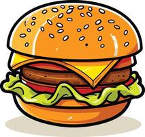 A cartoon style burger with cheese, lettuce, and tomato vector