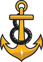 A bold, cartoon style gold anchor with a black rope wrapped around the shank vector