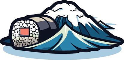 A playful illustration of a sushi roll as mount fuji, with a wave cresting beneath vector