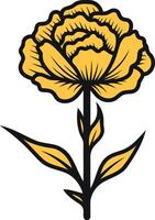 A simple, bold line art illustration of a single yellow carnation flower with stem and leaves vector