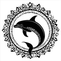 A black silhouette dolphin mandala on a white background vector