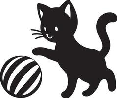 Silhouette of a cute kitten playing with a ball, depicted in an outline. vector
