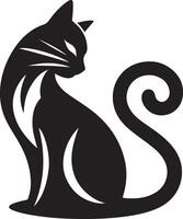 Silhouette of a cat sitting gracefully, with its tail curled around its paws. vector
