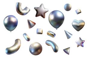Confetti 3d chrome figure , figures. y2k style, star and elements for design congratulations, poster. vector