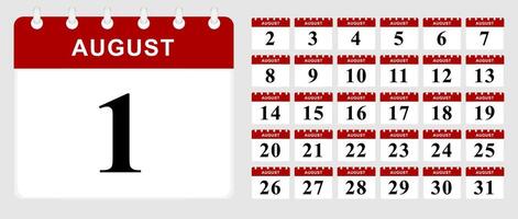 Days calendar of August. Calendar template. vector