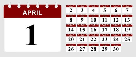 Days calendar of April. Calendar template. vector