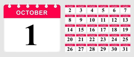 Days calendar of October. Calendar template. vector