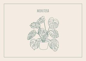 Outline potted monstera on a new home greeting card, print, poster, or banner. Housewarming invitation with a houseplant on a flowerpot. Happy new home postcard in line art style illustration. vector