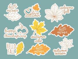 Hello autumn lettering sticker pack. Outline and flat illustrations of autumn elements with fall season slogans and welcome phrase for stickers, card, label, web, sales, Thanksgiving Day decor vector