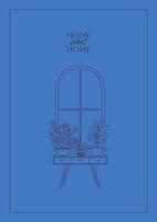 Happy new home outline greeting card, banner, or poster on a blue background. Housewarming invitations with line art windows and house plants on the windowsill. Linear monochrome illustration. vector