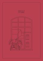 Happy new home outline greeting card, banner, or poster on a red background. Housewarming invitations with line art windows and house plants on the windowsill. Linear monochrome illustration. vector