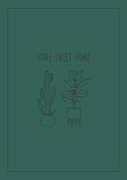 Outline potted plants on a new home greeting card with a green background. House plants in flower pots housewarming invitation. Indoor home plants in doodle line art style. Linear illustration. vector