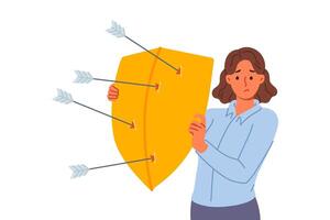 Upset woman defends from arrows of enemies, covering with shield to avoid injury vector